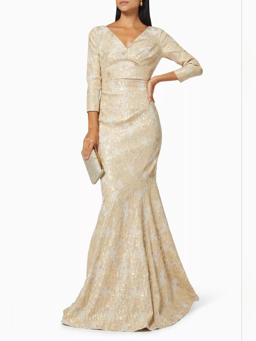 TERI JON Rickie Freeman Women's Metallic Floral Jacquard Godet Hem Gown Size 4